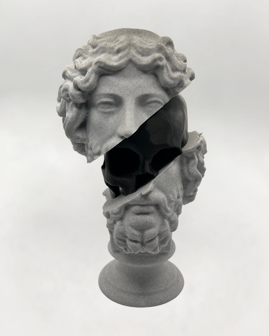 Split statue with skull